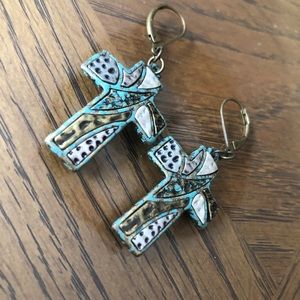 Turquoise and mixed metal cross earrings
